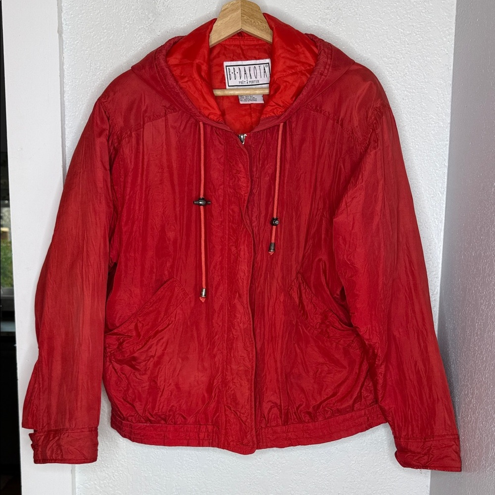 BB Dakota Red 100% Silk Hooded Windbreaker Y2K Boho Indie Lightweight Zip Front